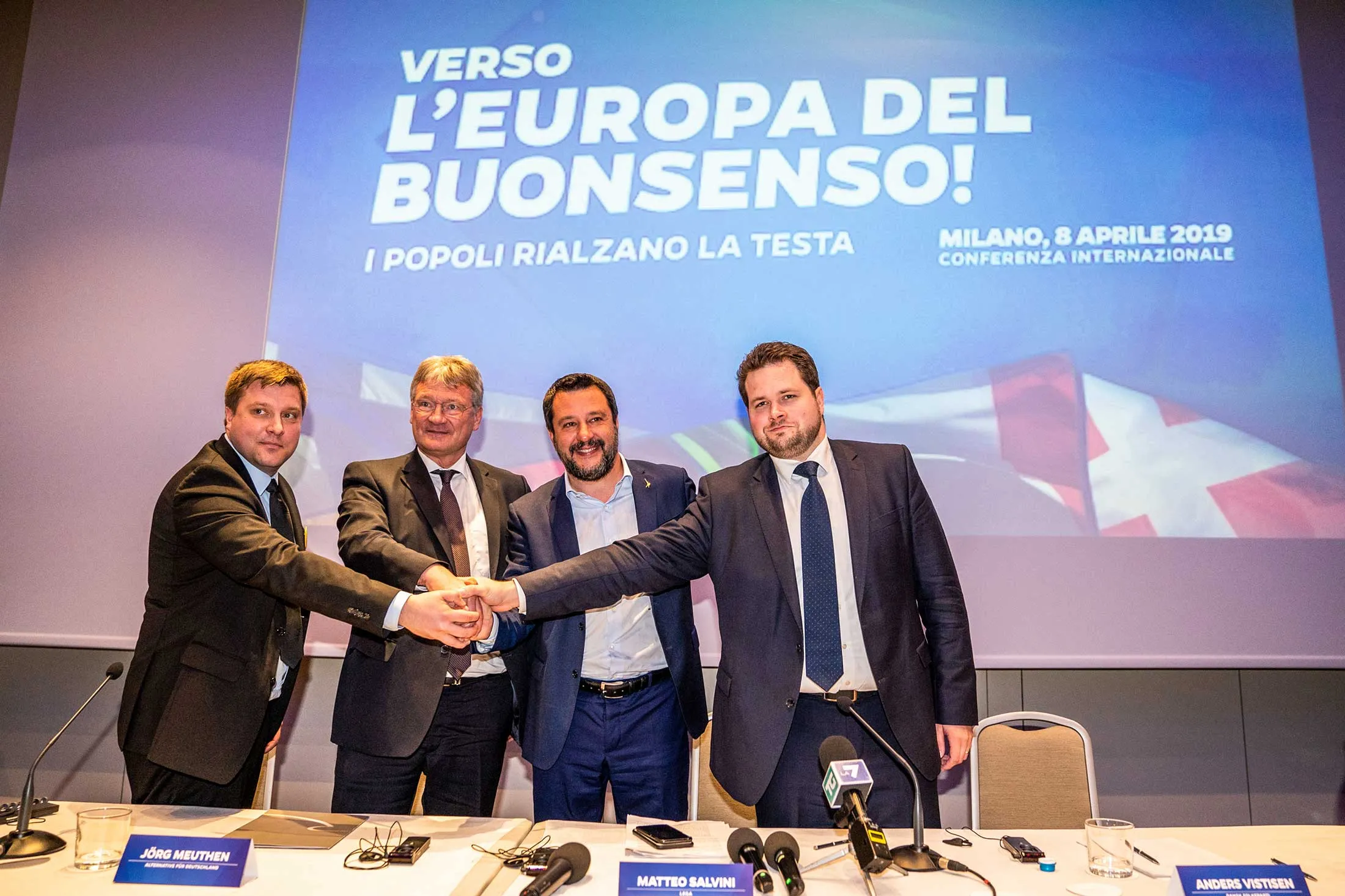 (From left) Olli Kotro, a candidate for the Finns Party;&nbsp;Jörg Meuthen, co-leader of Germany’s AfD party; Italian Deputy Prime Minister Matteo Salvini; and Anders Vistisen, a candidate for the Danish People’s Party, announce an alliance of nationalist parties in Milan on April 8.&nbsp;