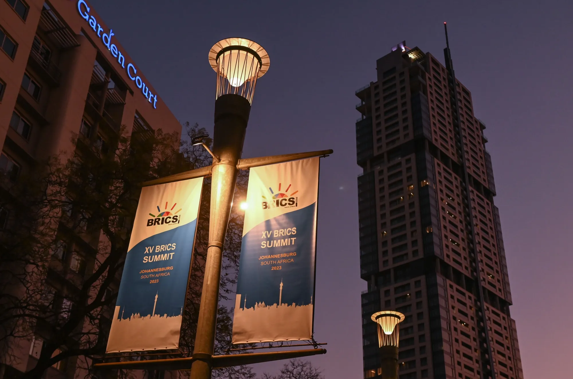 Event banners on street lights outside the Sandton Convention Center in Johannesburg, South Africa.