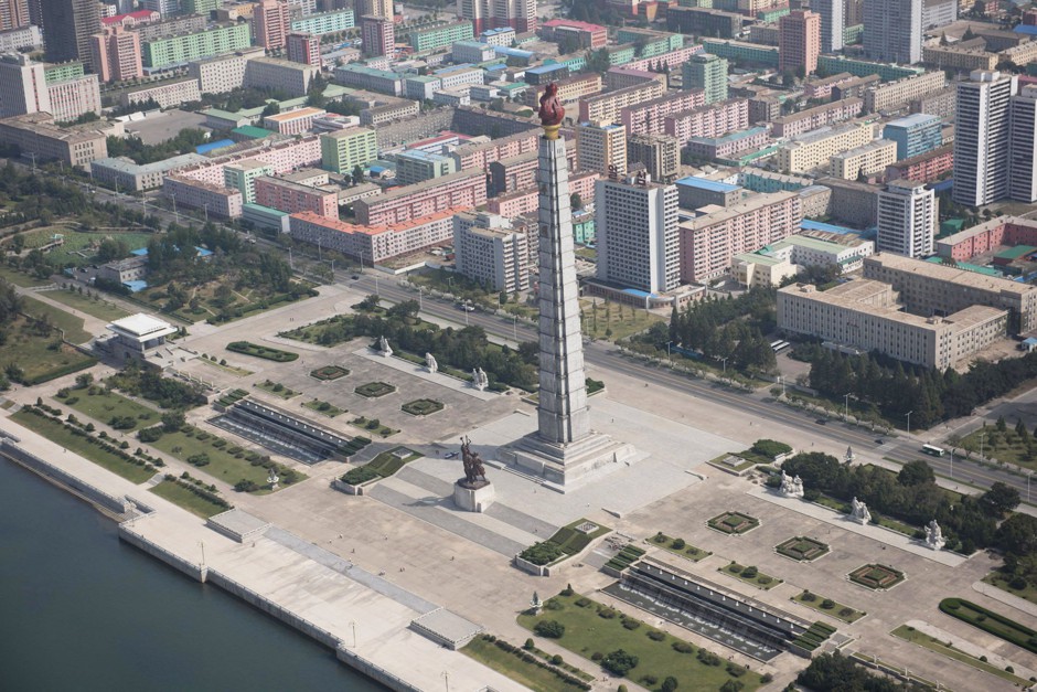 The 560-foot-tall Juche Tower in Pyongyang, North Korea.  
