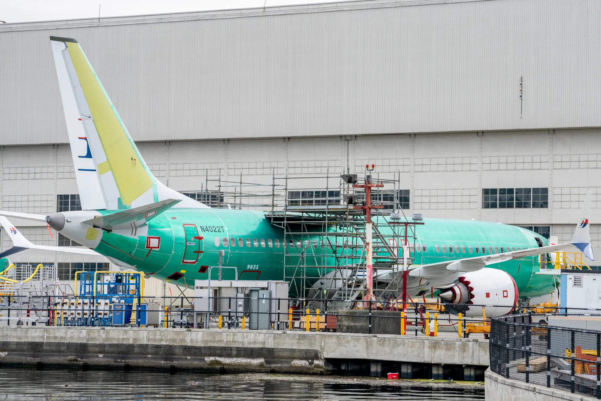 A Boeing 737 Max aircraft outside the Boeing manufacturing facility in Renton, Washington.