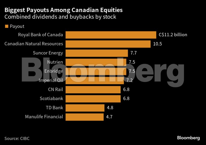 Biggest Payouts Among Canadian Equities | Combined dividends and buybacks by stock