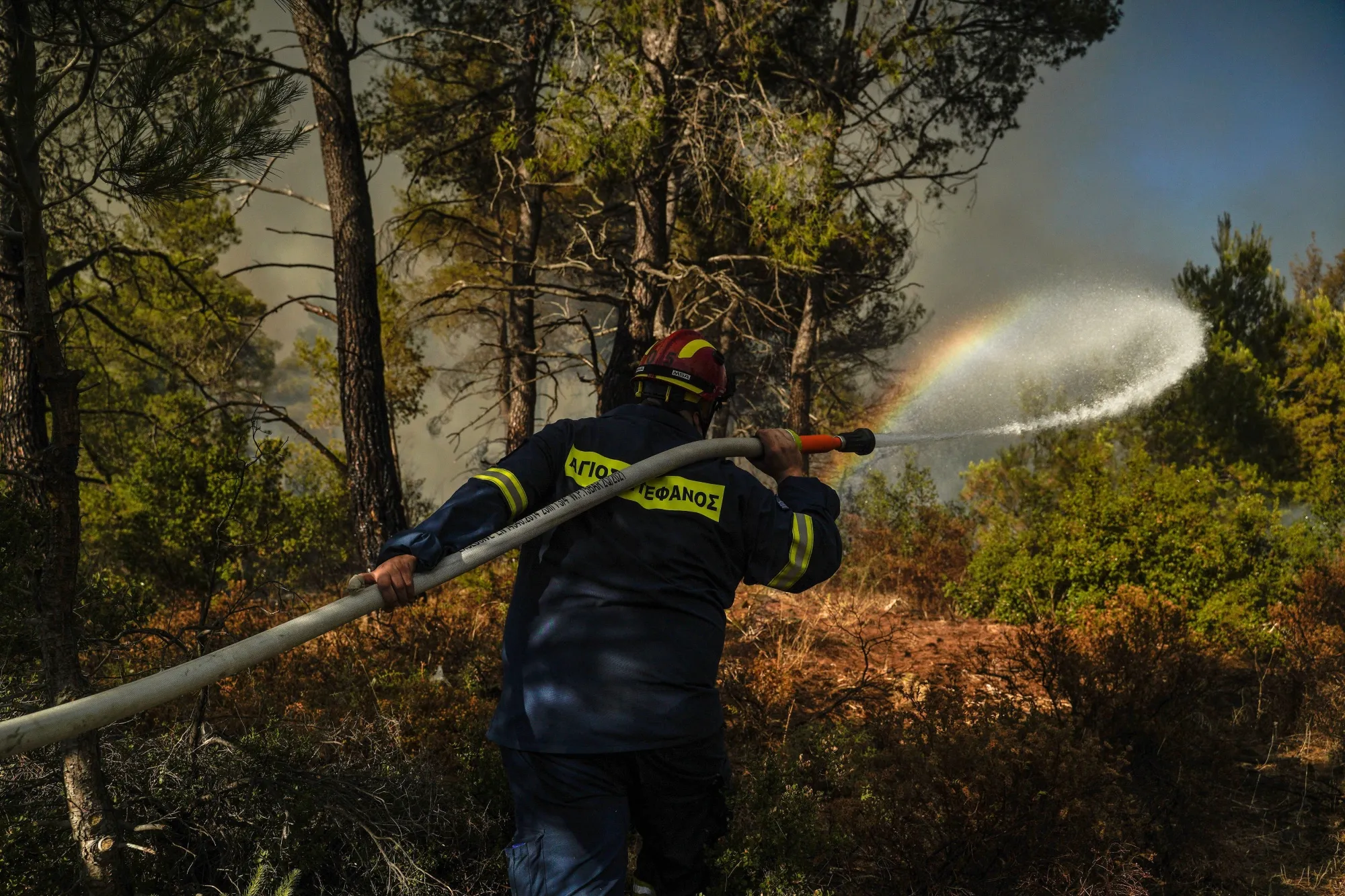 Firefighters work to extinguish a wildfire near Stamata,&nbsp;Greece&nbsp;on&nbsp;June 30.