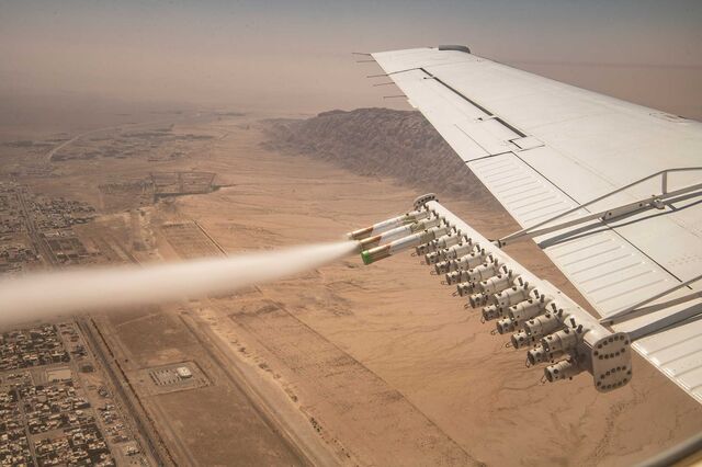 Experimental nanomaterial being released from a plane during a demonstration NCM  cloud-seeding flight over Al Ain, United Arab Emirates, in March 2022. 