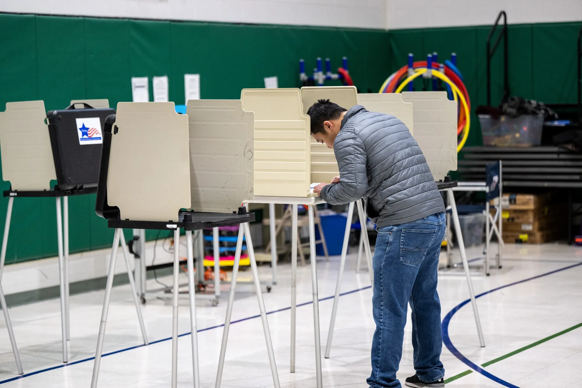 A voter fills out their ballot at a polling location&nbsp;during a primary election in Chicago on March 17.