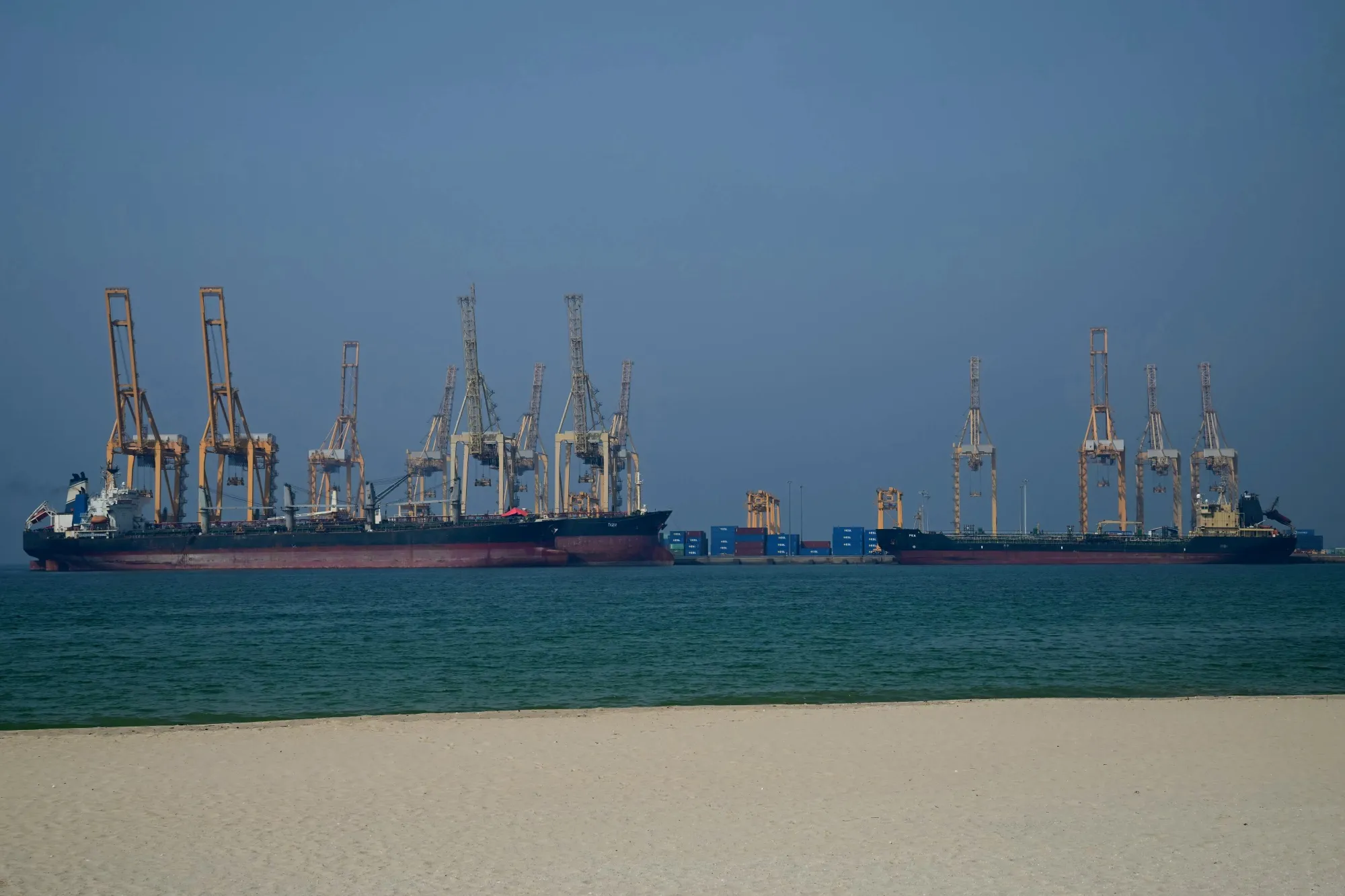 Tankers at the Khor Fakkan Container Terminal in the Sharjah Emirate, along the Strait of Hormuz.