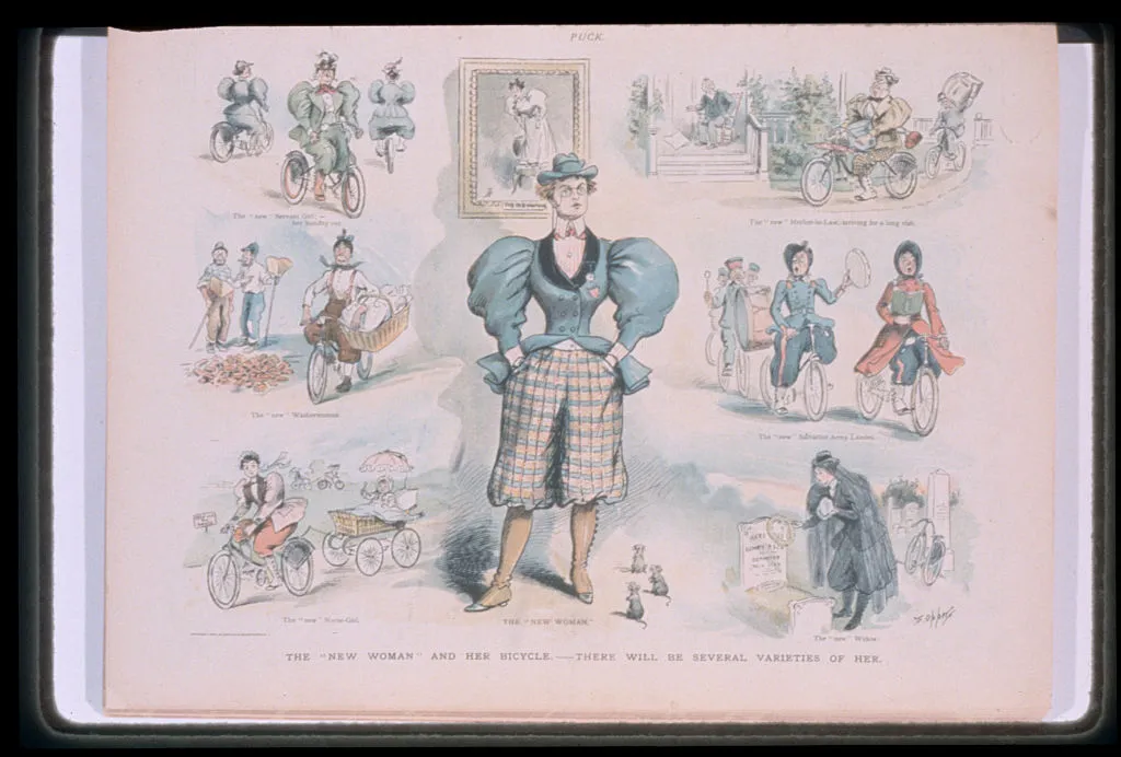 A depiction of the “new woman” in 1895, for whom the bicycle represented a means of escape from oppression.&nbsp;Designed by F. Opper From Puck.&nbsp;