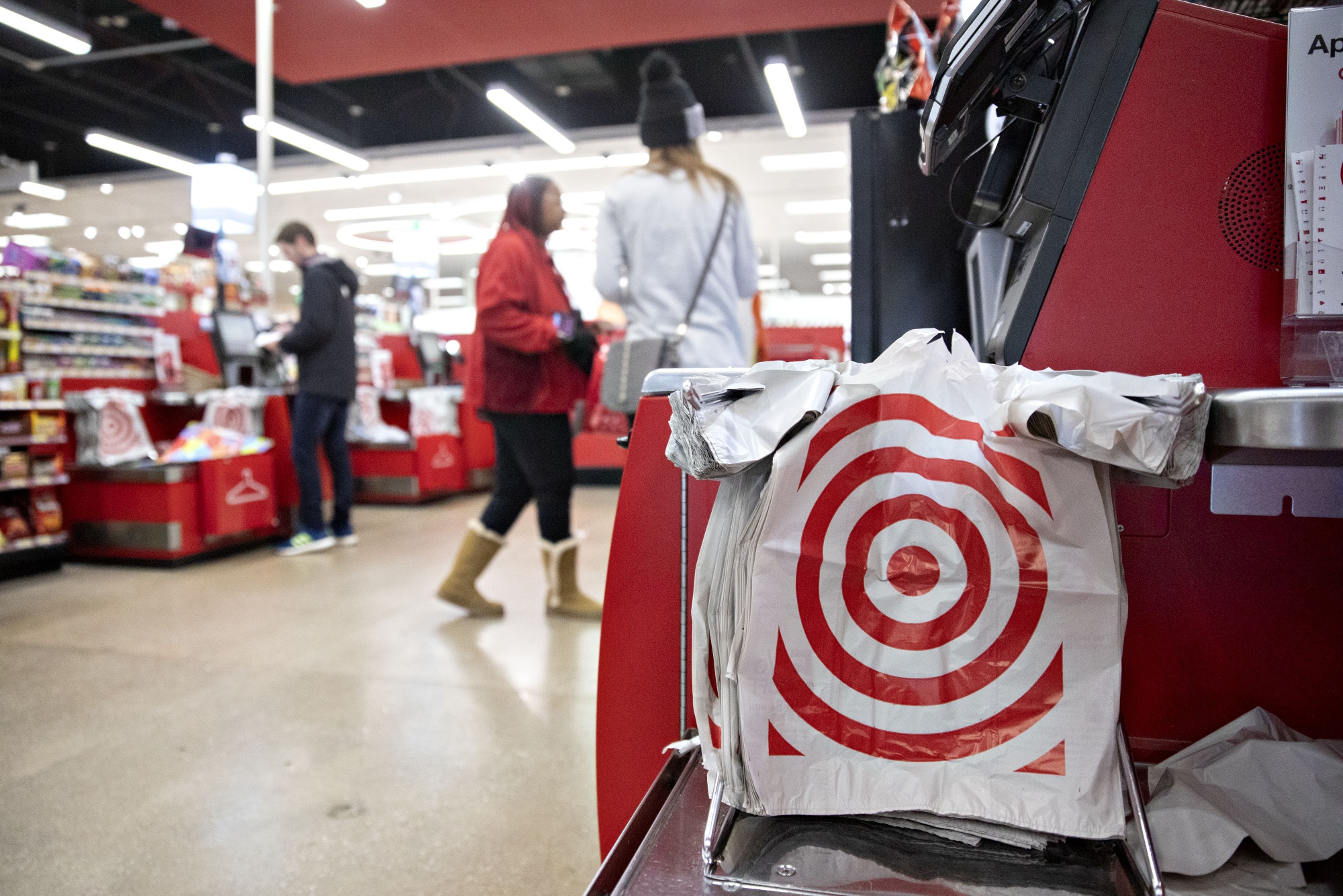 Plastic bags at a self checkout kiosk at a Target Corp. store in Chicago.