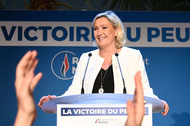 Le Pen delivers a speech after initial results in EU Parliament elections Sunday.