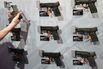Handguns are displayed at the Smith &amp; Wesson booth at the 2018 National Shooting Sports Foundation's Shooting, Hunting, Outdoor Trade (SHOT) Show at the Sands Expo and Convention Center on January 23, 2018 in Las Vegas, Nevada.&nbsp;&nbsp;