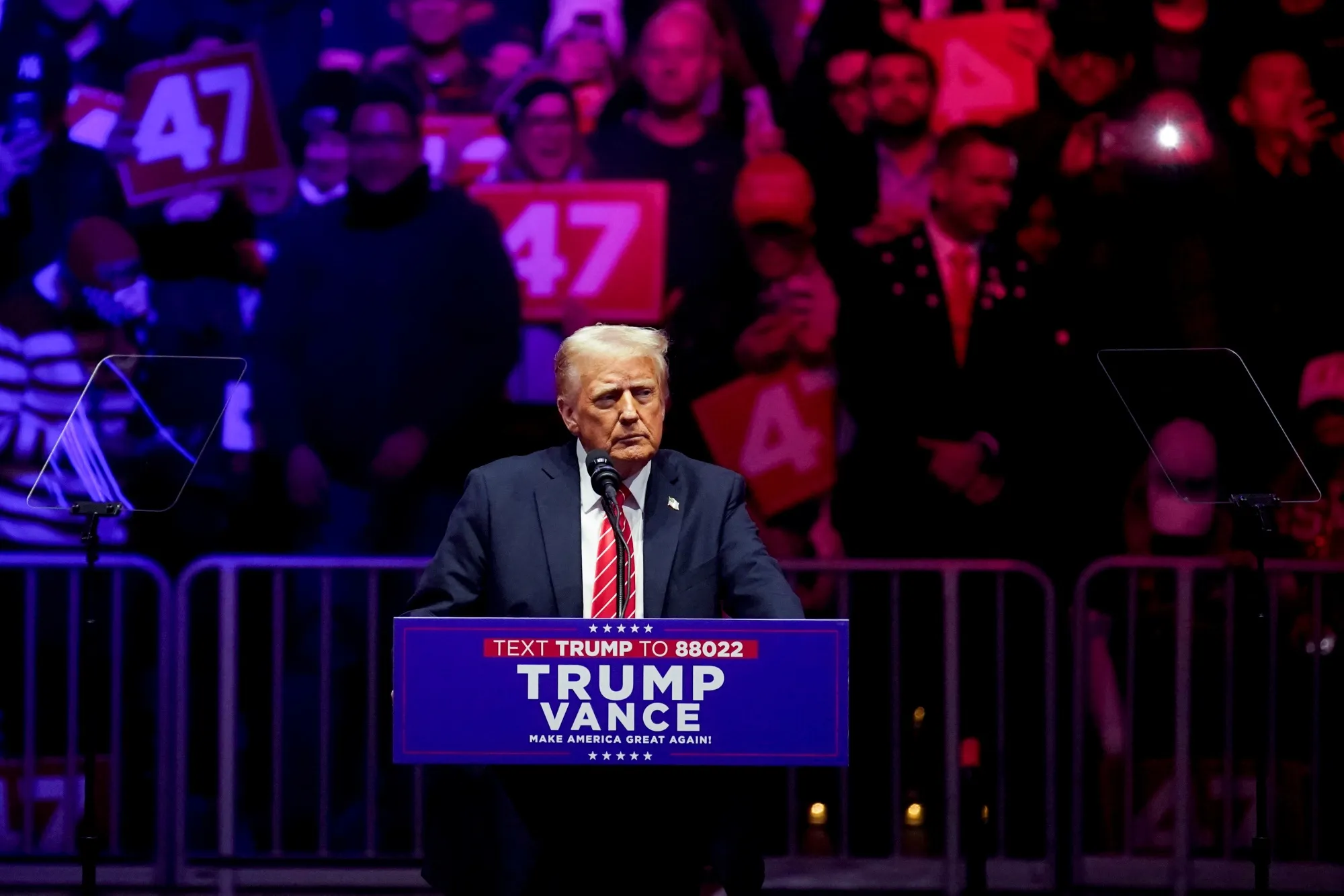 Donald Trump speaks during a rally at Capital One Arena ahead of the 60th presidential inauguration in Washington, DC, on Jan. 19.