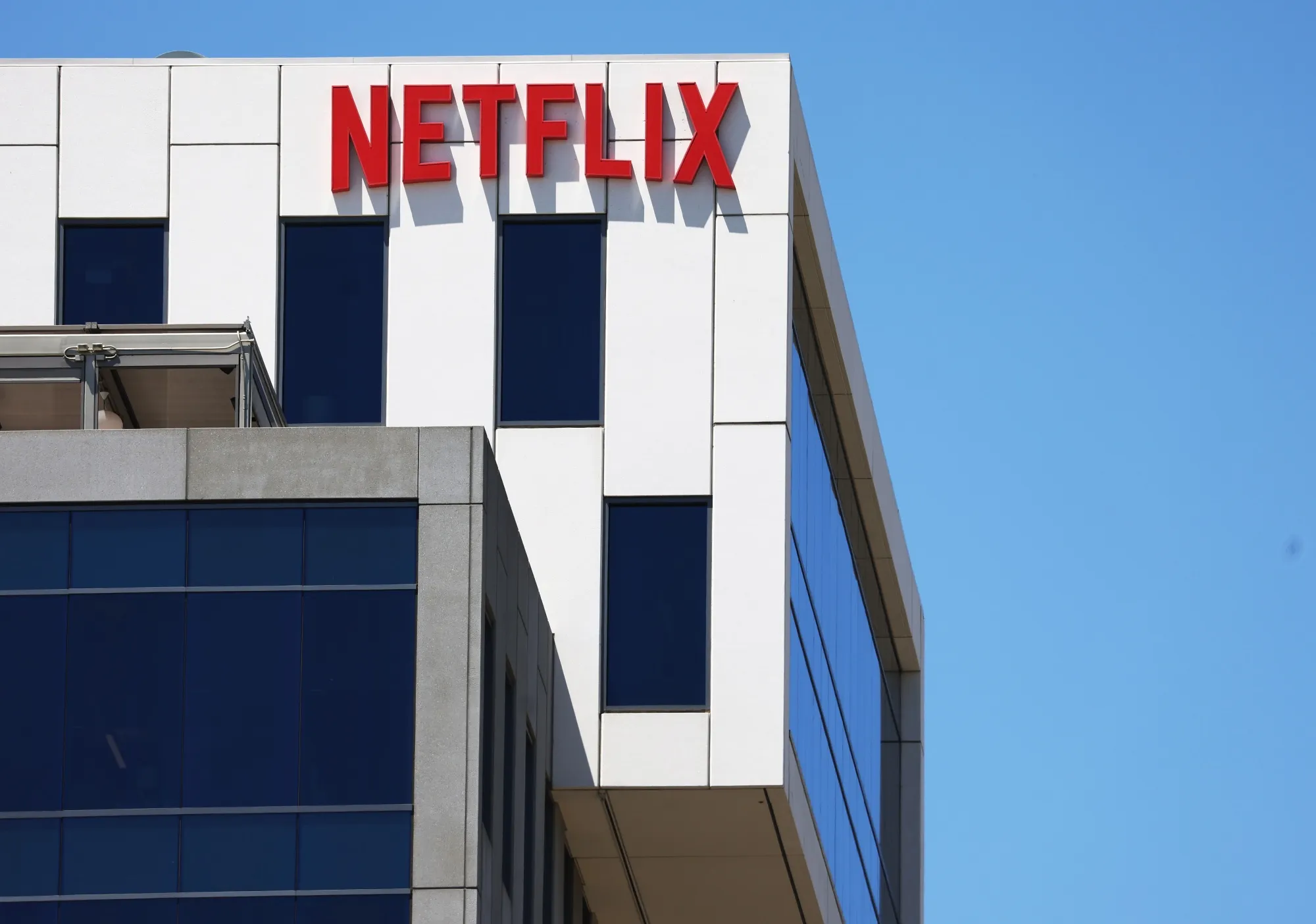 The Netflix logo displayed at Netflix offices.