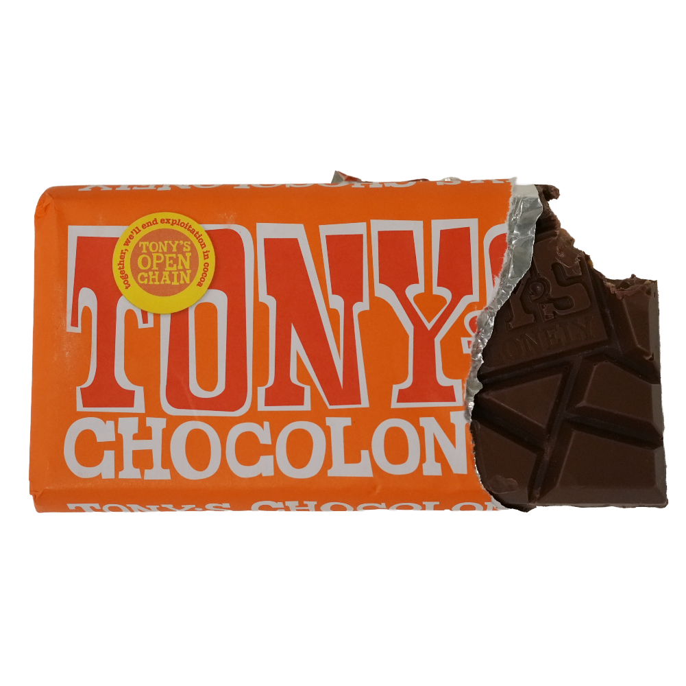 Tony's chocolonely bar with the wrapper slightly peeled to expose the chocolate bar