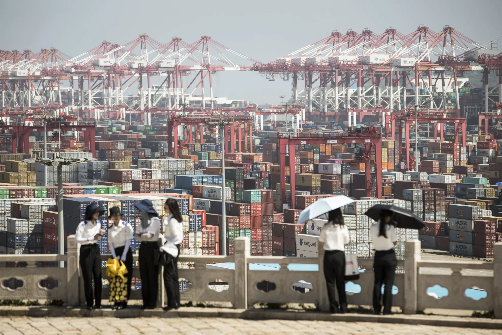 Students from the Shanghai Customs College stands on a viewing platform overlooking the Yangshan Deepwater Port on the outskirts of Shanghai, China.
