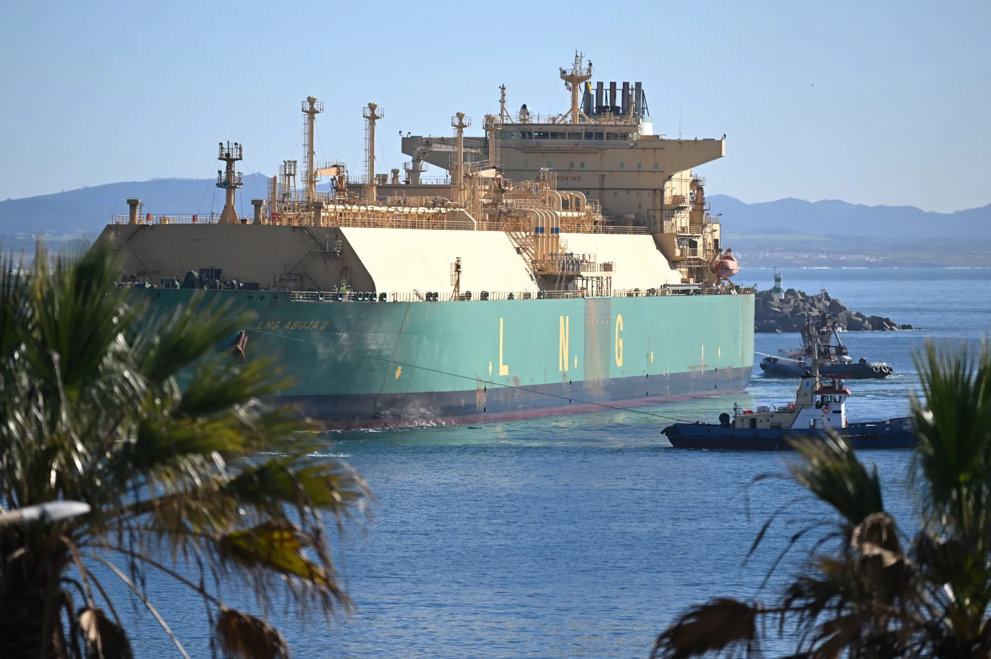A liquefied natural gas carrier arrives in the port of Sines, Portugal, on Jan. 13.