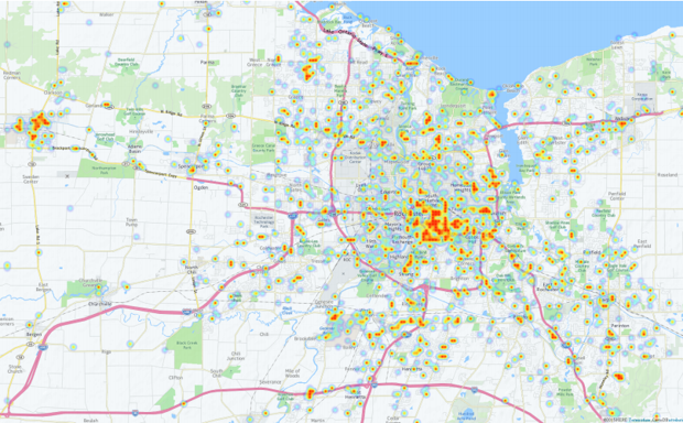 University of Rochester computer science researchers use Twitter data to map drinking patterns in Rochester, New York. In this &quot;heat map&quot;, areas with a higher ratio of drinking to non-drinking tweets are red; areas with lower ratios are blue.