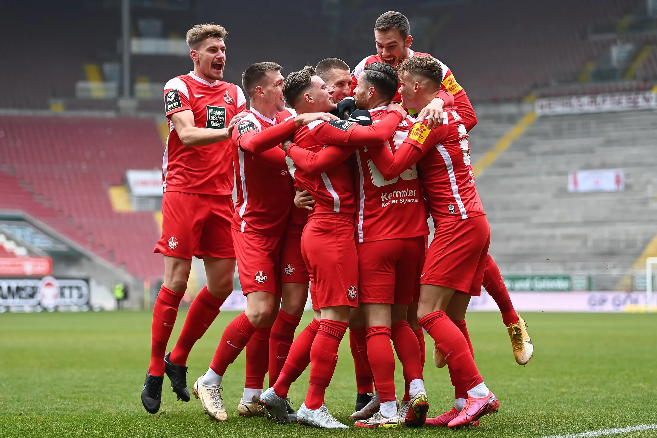 FC Kaiserslautern players celebrate a goal during a 3. Liga match at Fritz-Walter-Stadion in Kaiserslautern, Germany, on Jan. 15.