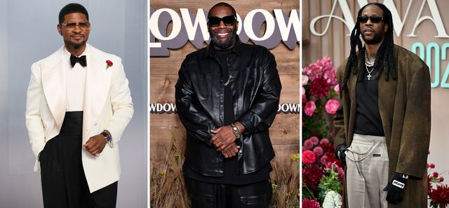 Three photos showing Atlanta-based artists Usher, Killer Mike, and 2 Chainz. 