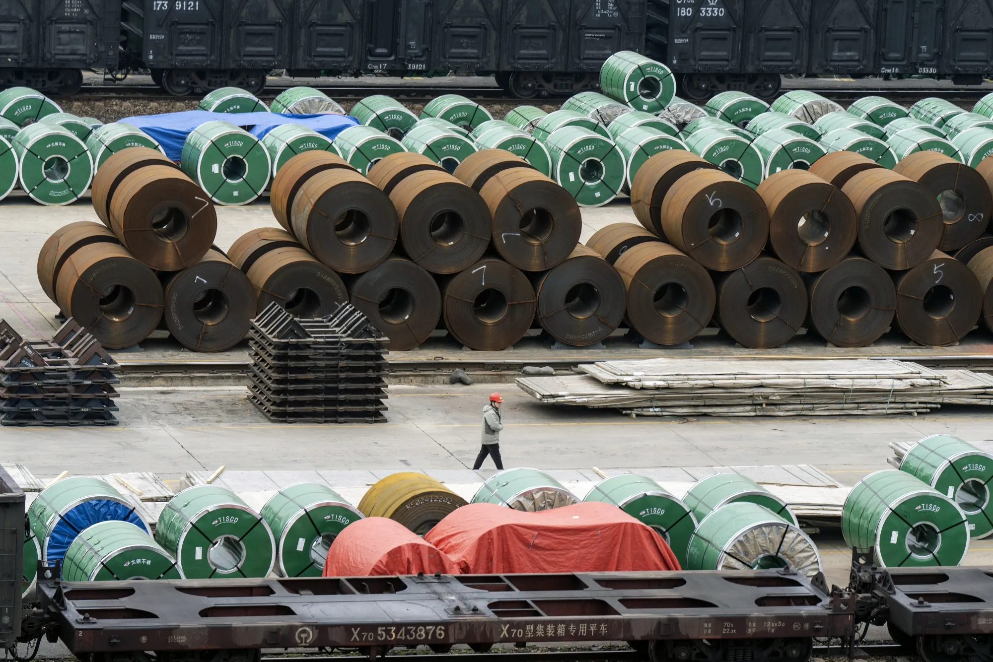 Rolls of steel at a stockyard in Wuxi, Jiangsu province, China.