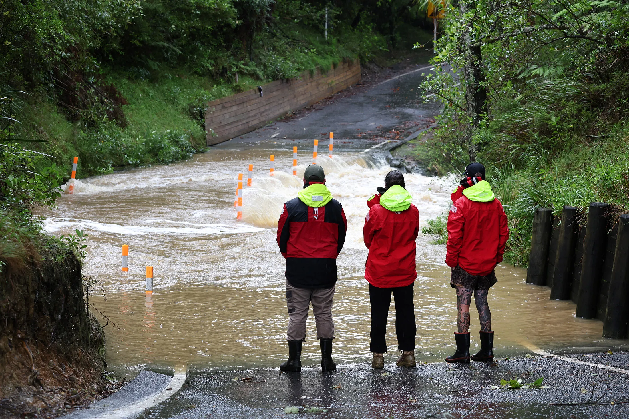 Surf lifeguards monitor the area to help with flood risks in Warkworth, New Zealand, following Cyclone Vaianu&nbsp;on April 12.