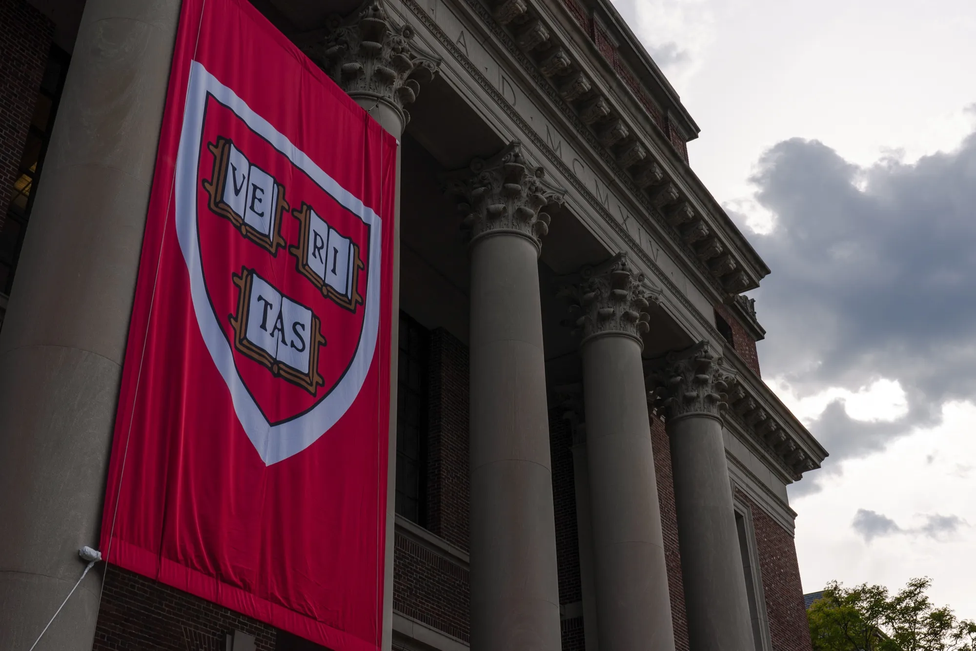 A banner on the Harry Elkins Widener Memorial Library at the Harvard University campus in Cambridge, Massachusetts.