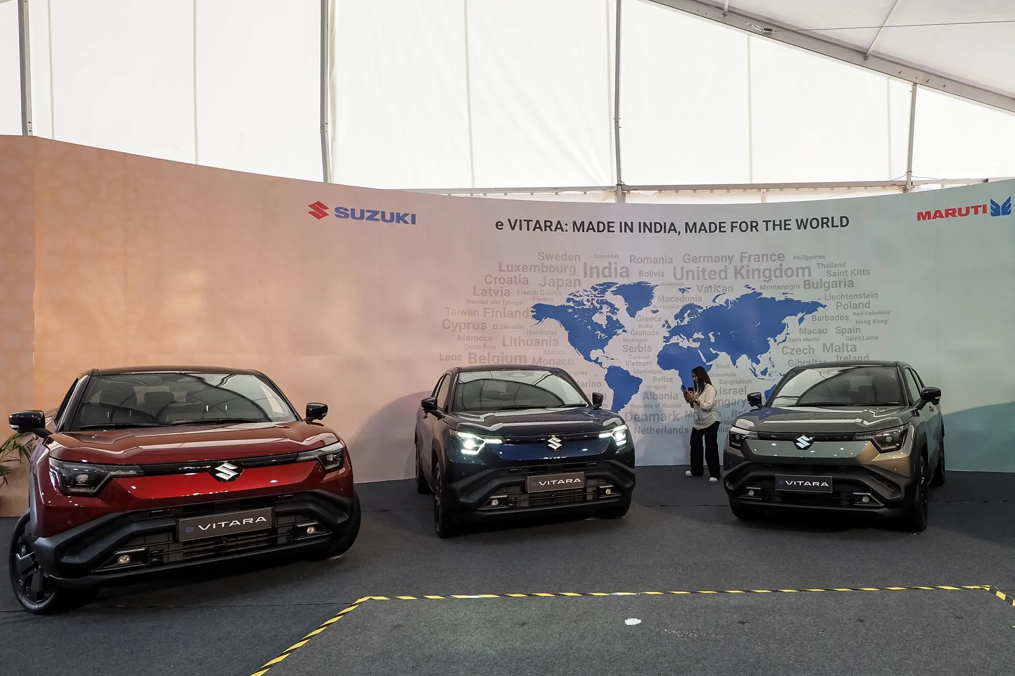 Suzuki e-Vitara vehicles displayed during the launch of a new assembly line at the Hansalpur plant, in India's Gujarat state on Aug. 26.