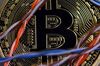 A Bitcoin sits among twisted copper wiring inside a communications room.