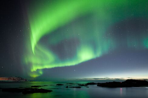 The Northern Lights as seen from the Lofoten Islands.