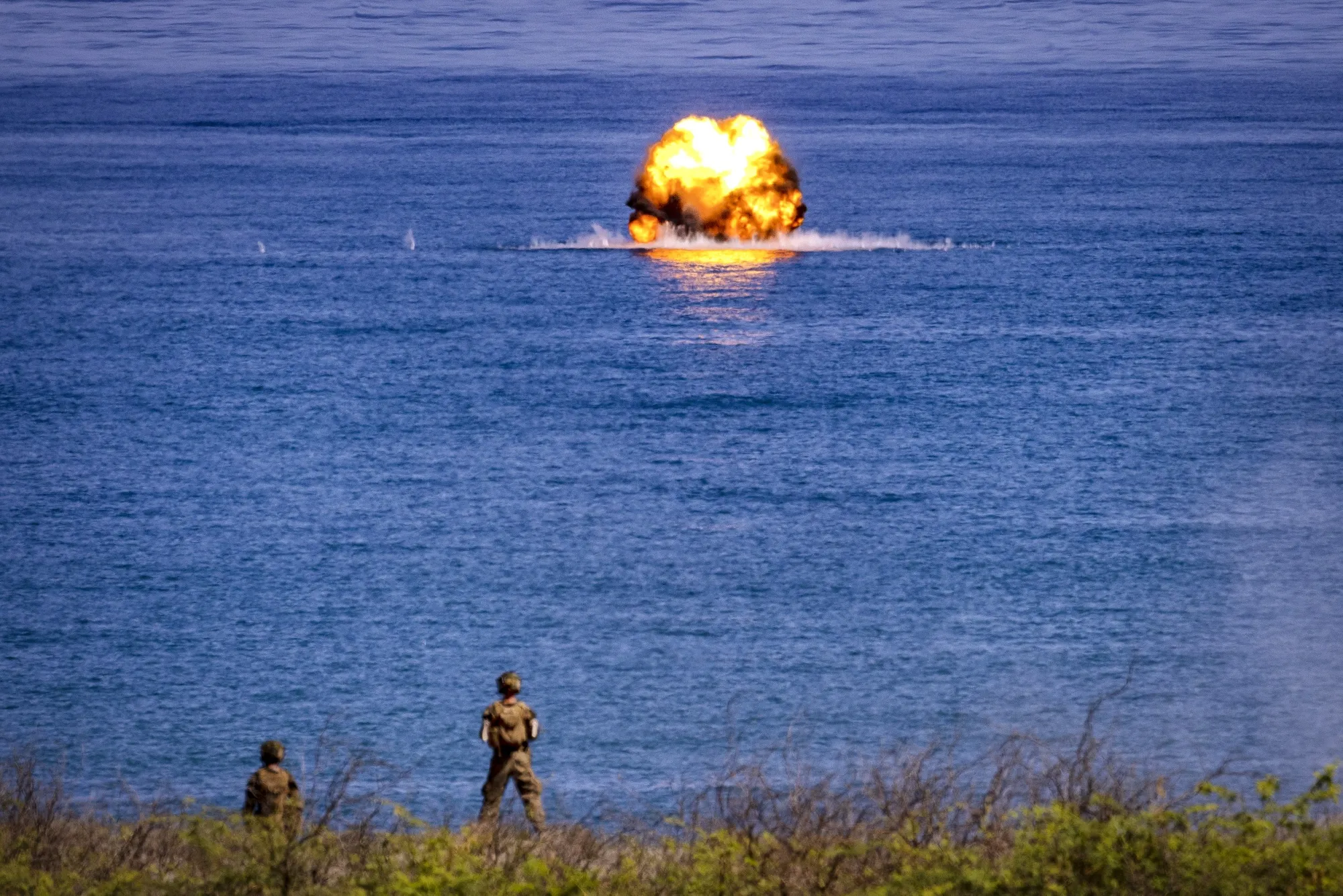 A Javelin missile hits a target at sea during a counter landing live fire exercise as part of U.S.-Philippines joint military exercises the Philippines in May 2024.&nbsp;