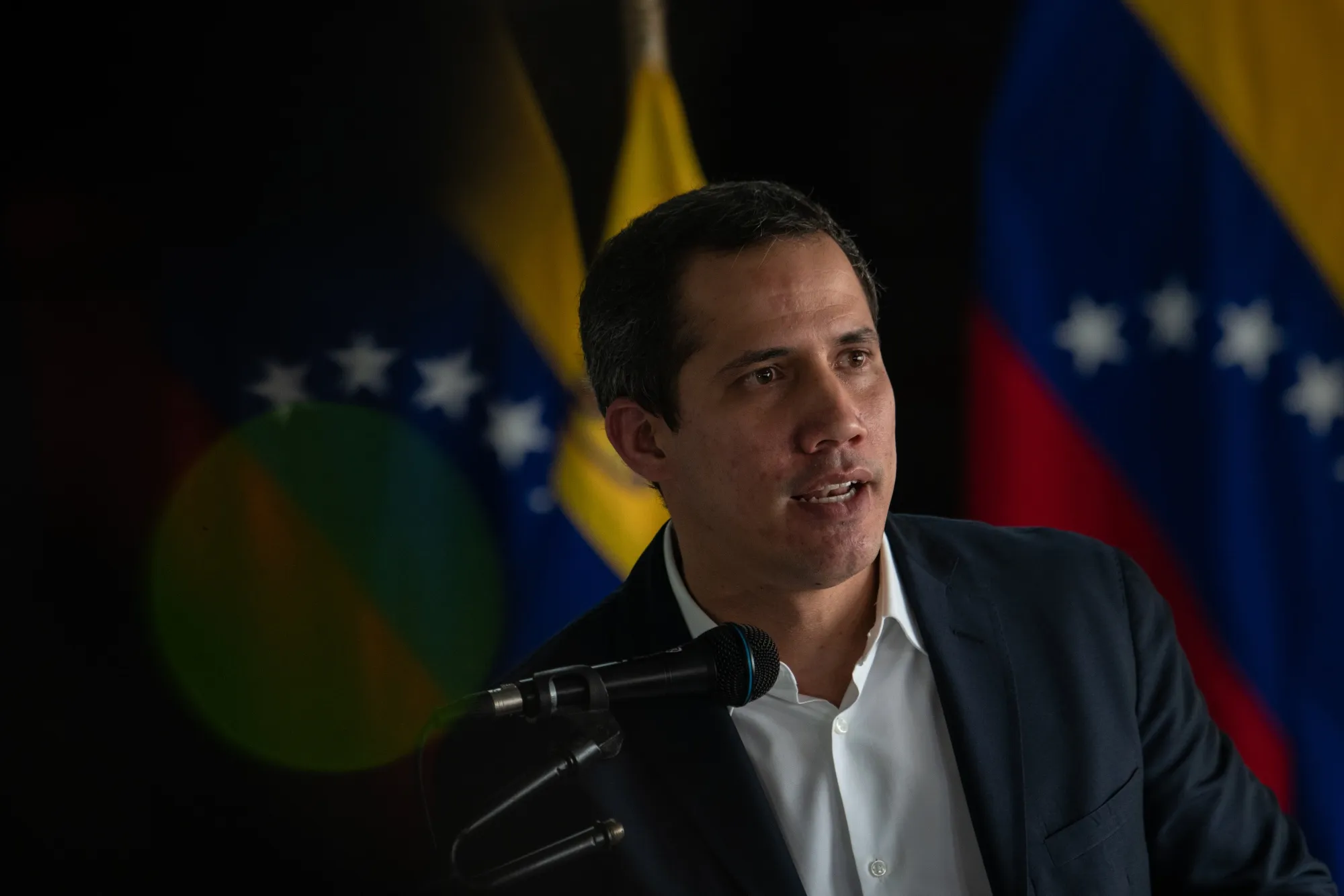 Juan Guaido speaks during a press conference in Caracas, on June 14.