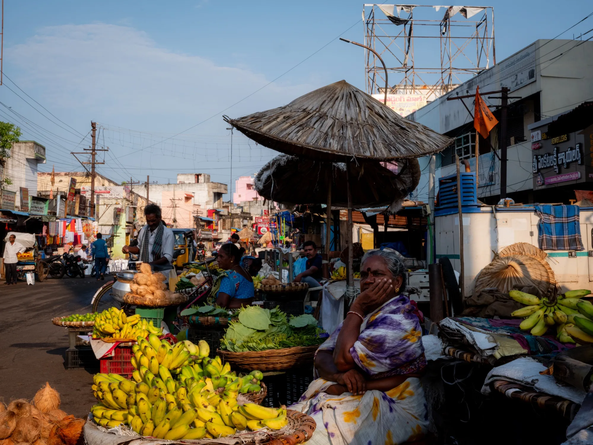 Vendors at a market in Vizianagaram, Andhra Pradesh, India.
