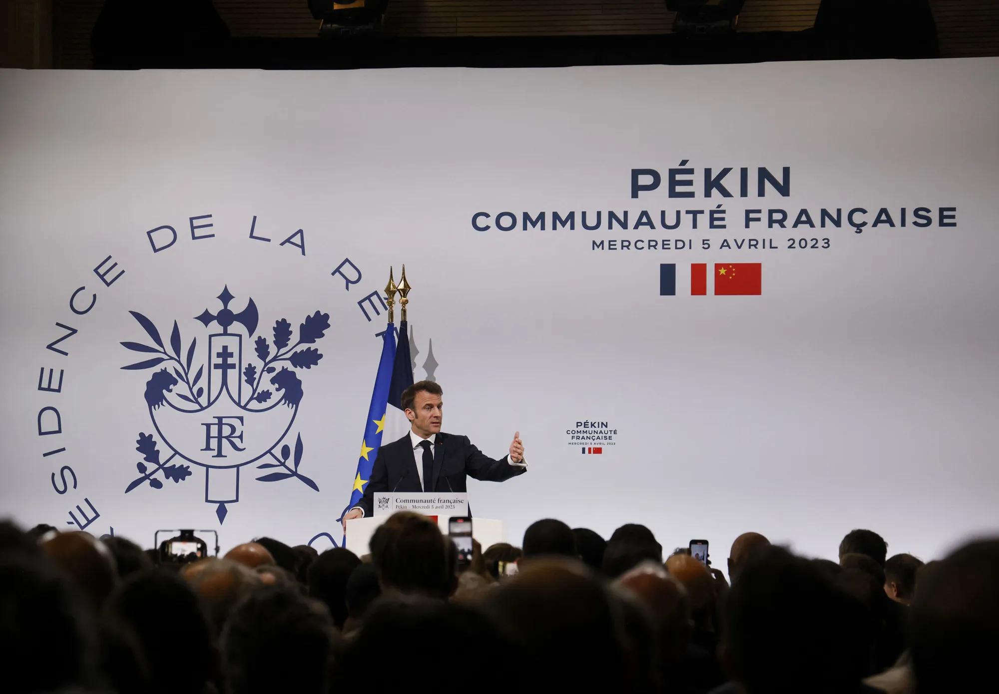 Emmanuel Macron speaks during a meeting with China’s French community in Beijing on April 5.