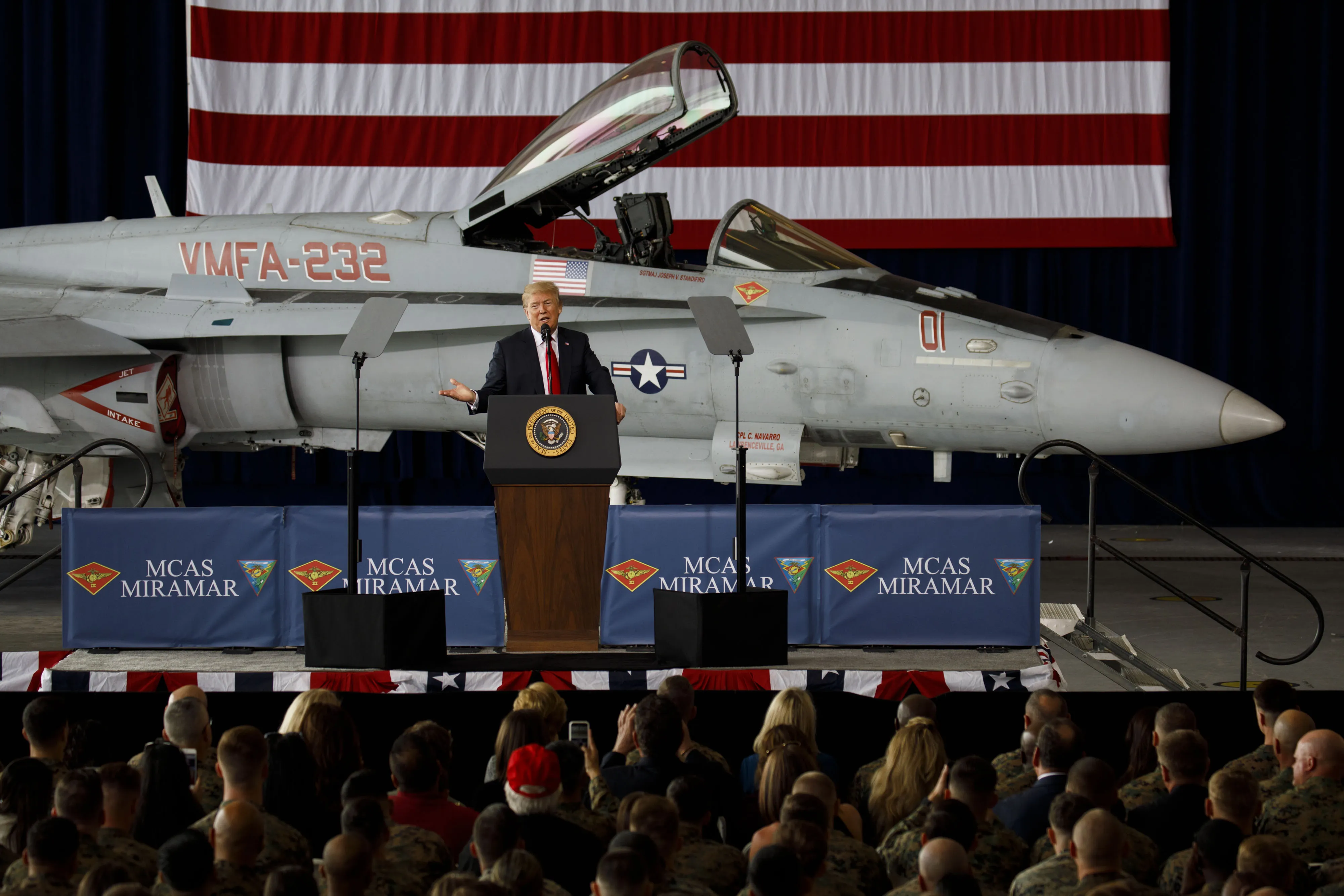 Trump speaks during an event at Marine Corps Air Station Miramar in San Diego on March 13.