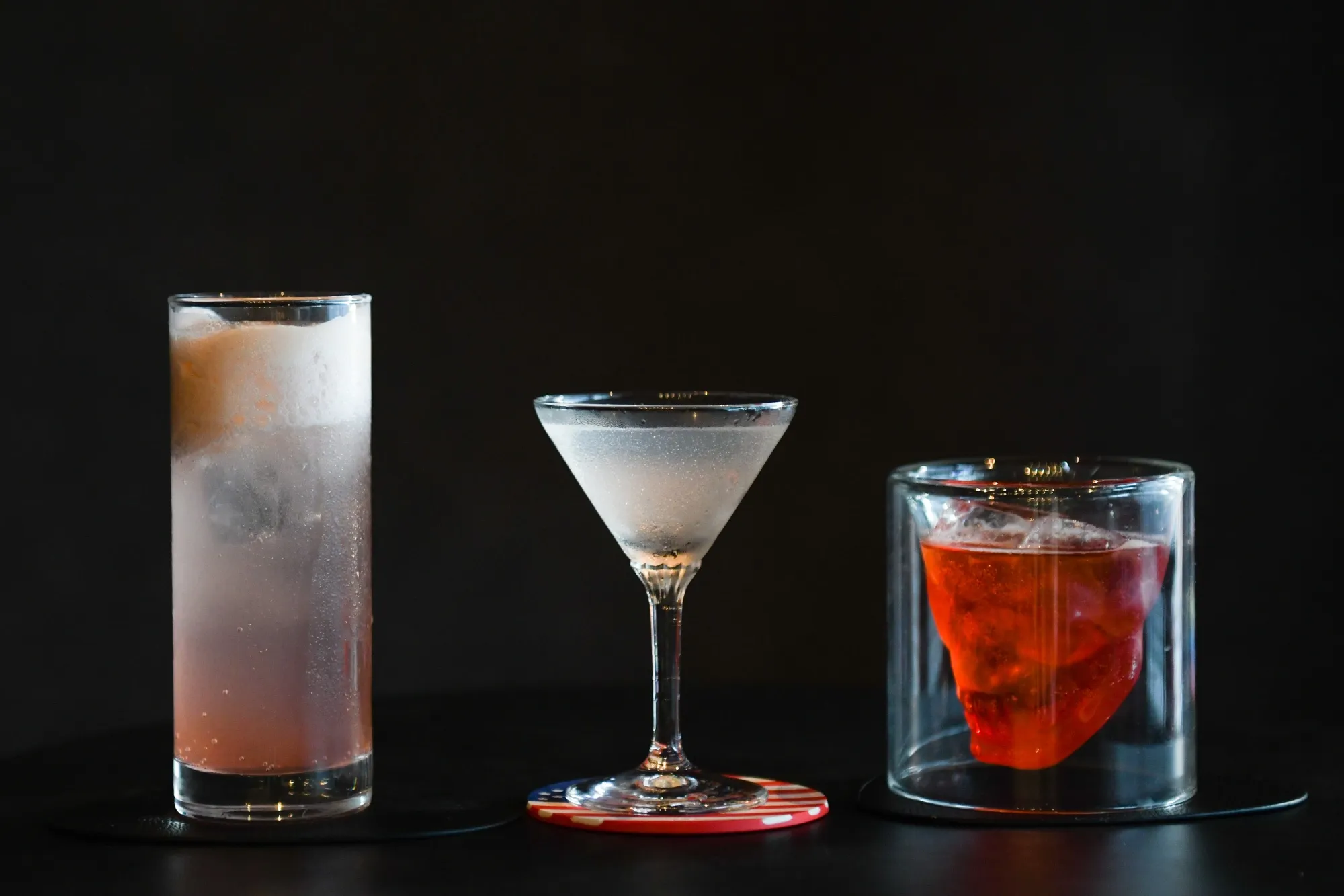 Original cocktails at Stock Pickers, from left, "Abenomics", "Lehman Shock" and "Margin Call".