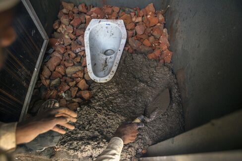 A toilet being built by villagers in Chapra village, Haryana