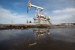 An oil pumping jack in an oilfield in Tatarstan, Russia.