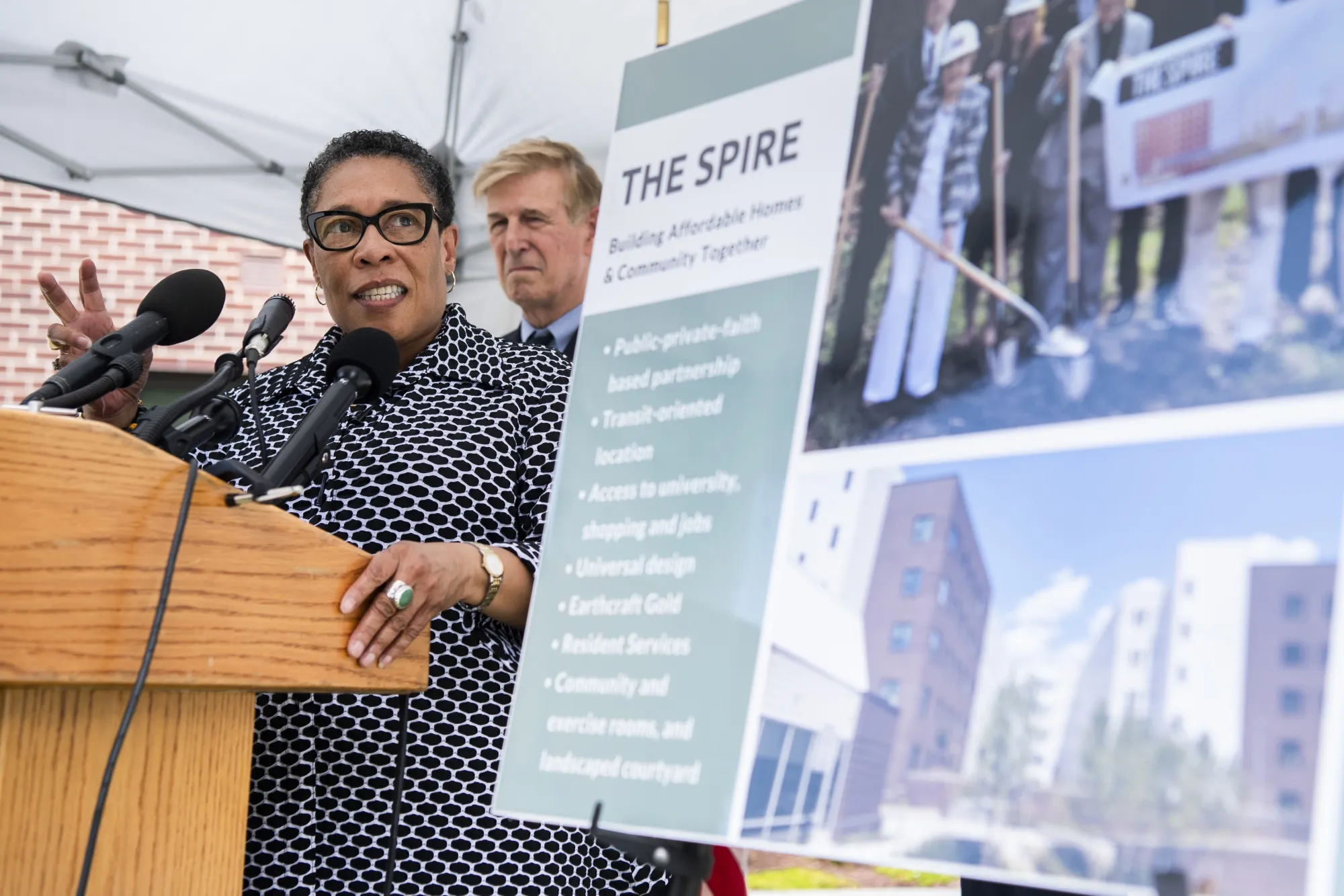 HUD Secretary Marcia Fudge speaks after a tour of The Spire, a new affordable apartment complex in Alexandria, Virginia, in August 2021. A new study analyzes&nbsp;the effect that low-income housing has on properties nearby.&nbsp;