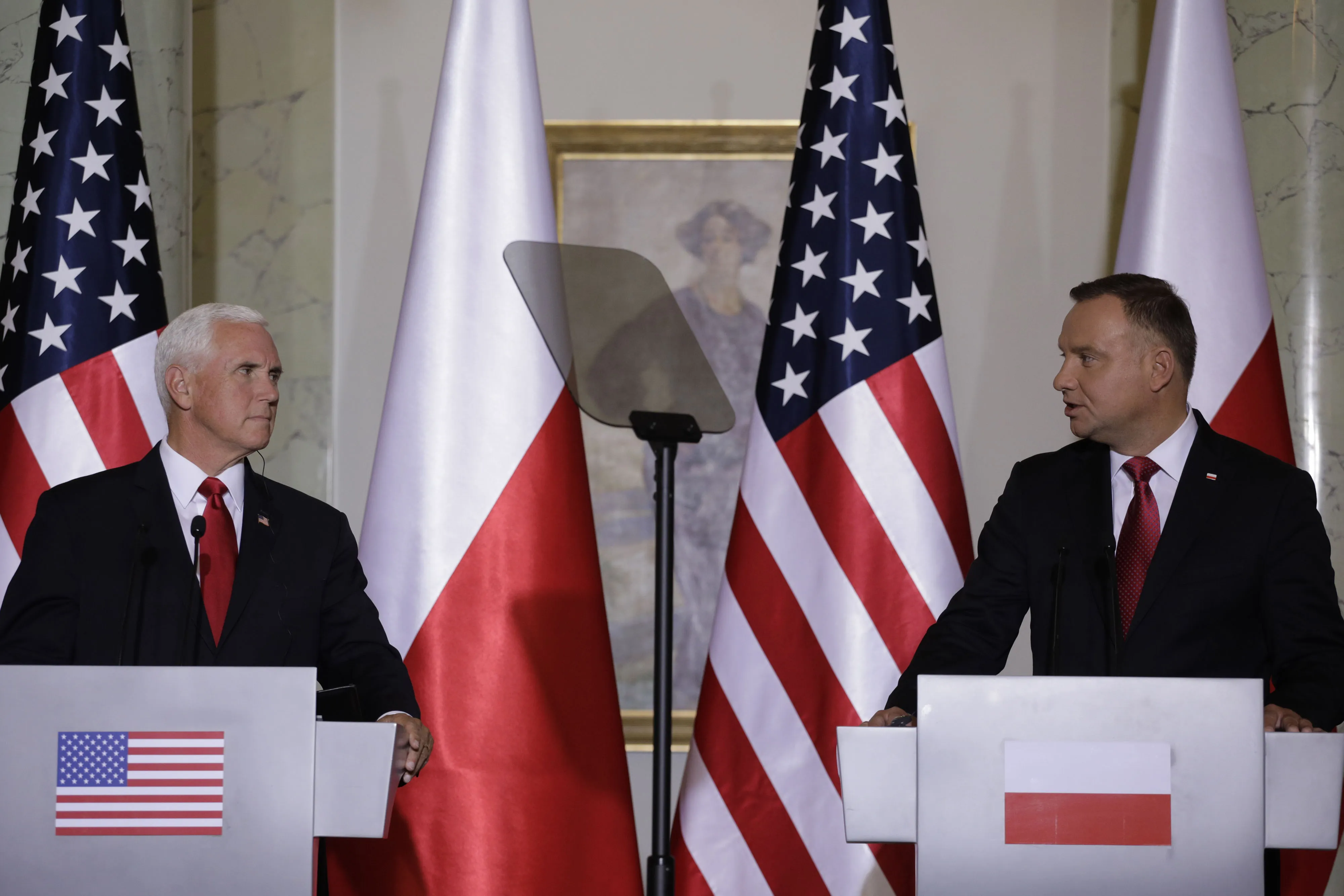 Andrzej Duda, right, and Mike Pence in Warsaw, on Sept. 2.