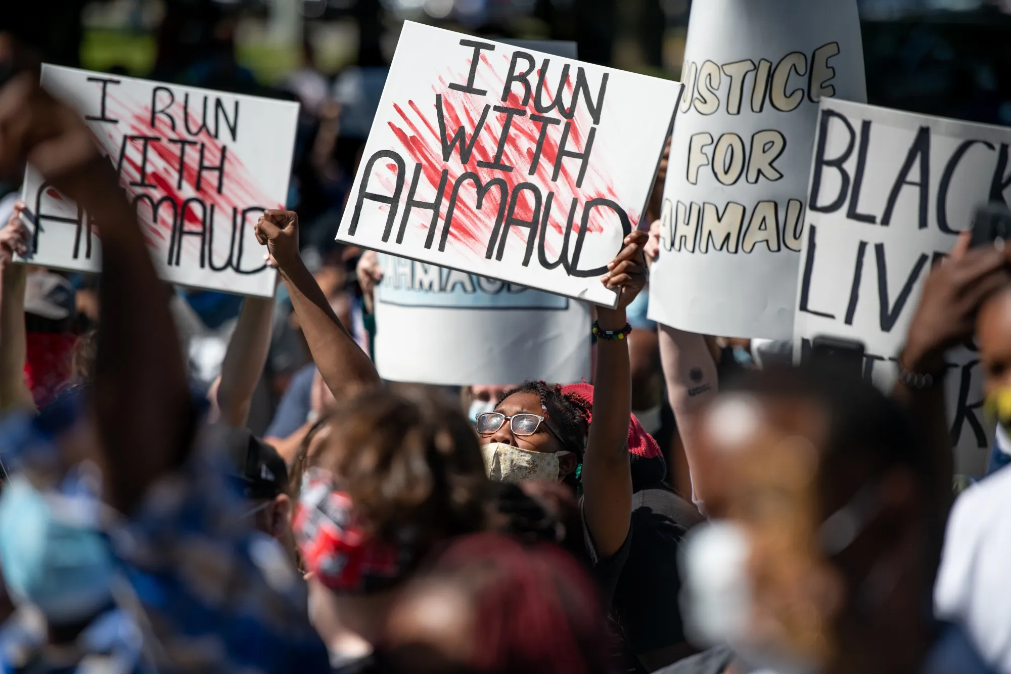 Demonstrators protest the shooting death of Ahmaud Arbery at the Glynn County Courthouse in Brunswick, Georgia on May 8.