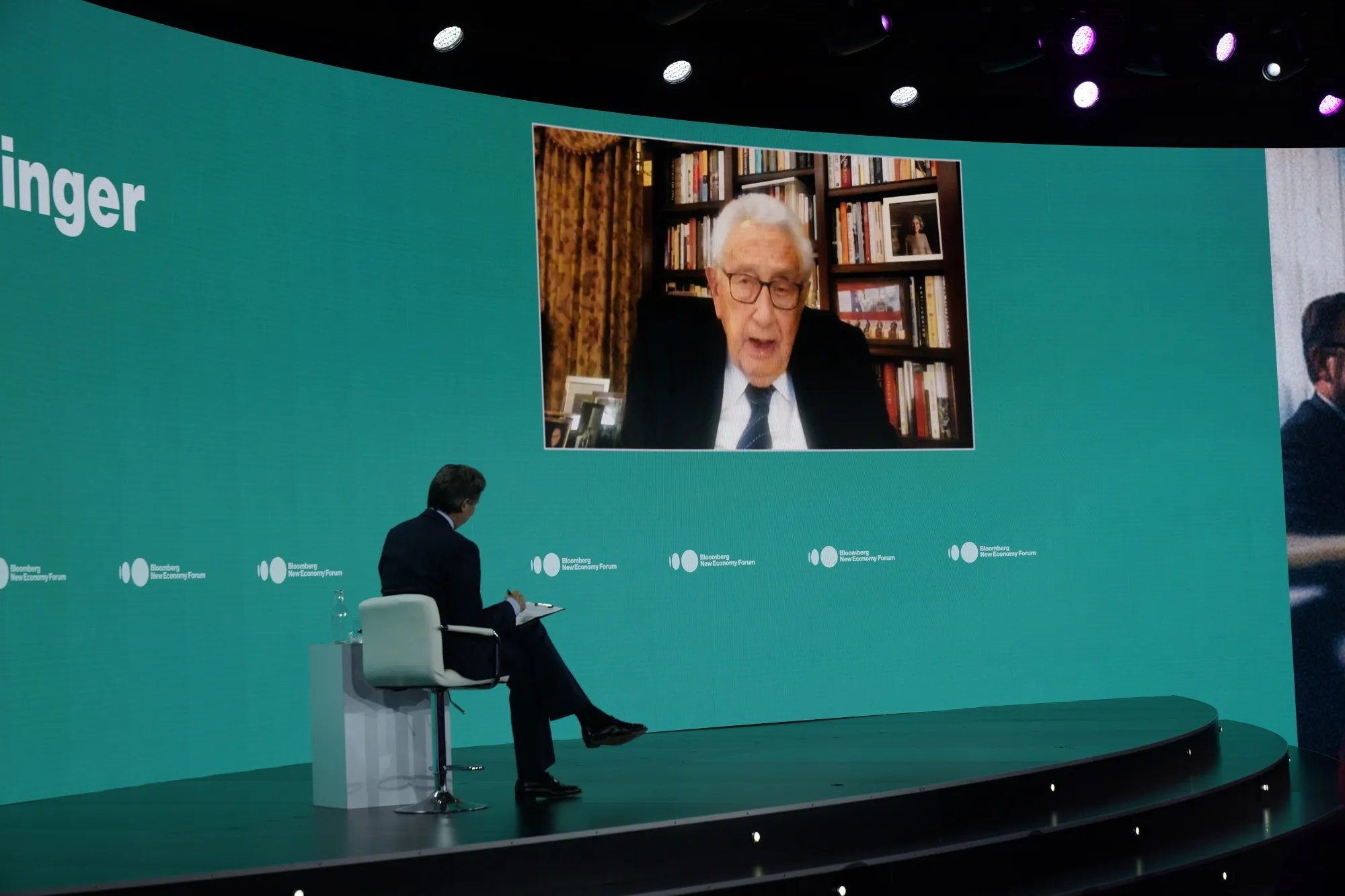 Henry Kissinger, former U.S. secretary of state, during a virtual interview with John Micklethwait, editor-in-chief of Bloomberg News, at the Bloomberg New Economy Forum in Singapore, on Nov. 17.