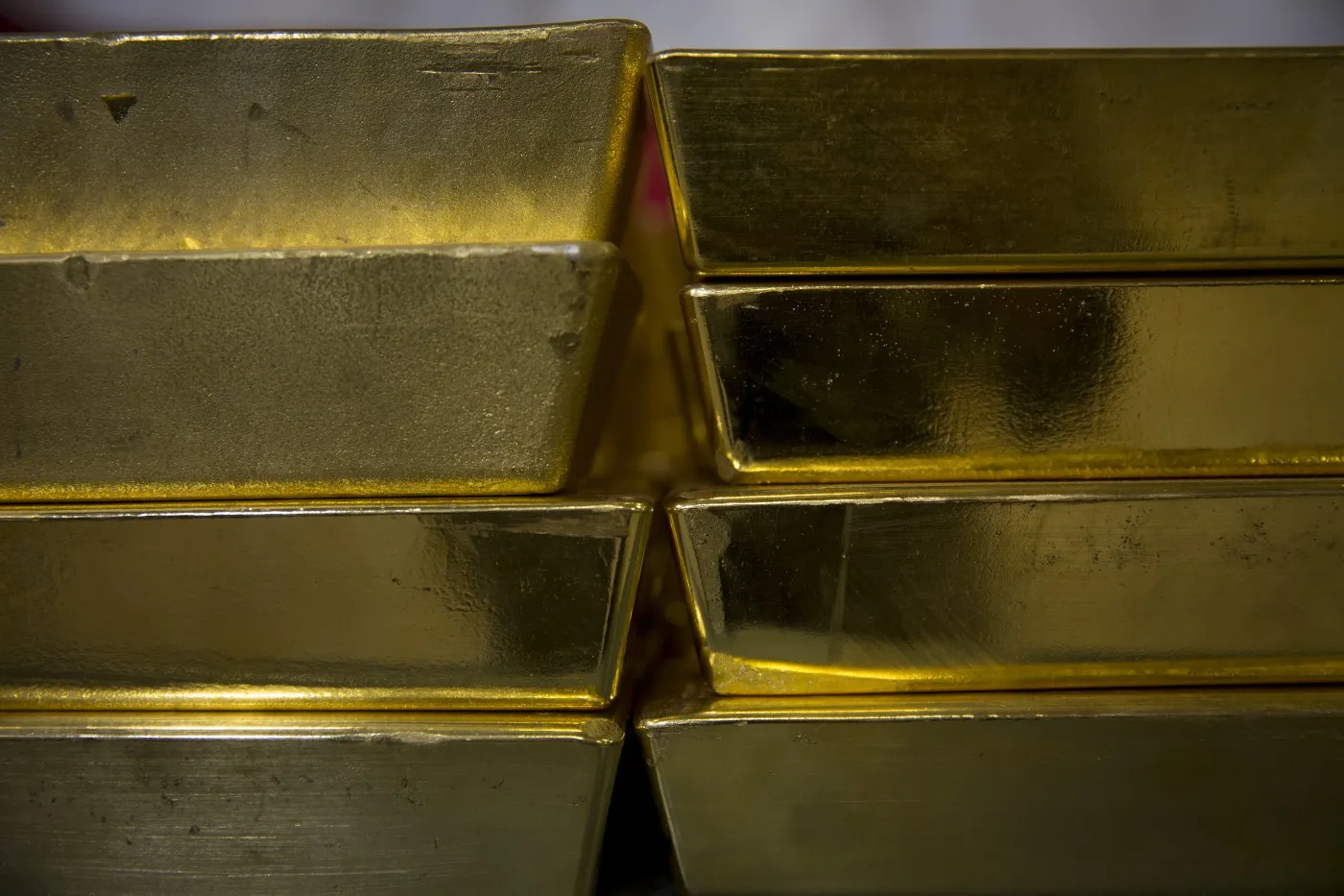 Gold bars, worth hundreds of thousands of dollars each, sit in a vault at the United States Mint at West Point in West Point, New York, U.S.