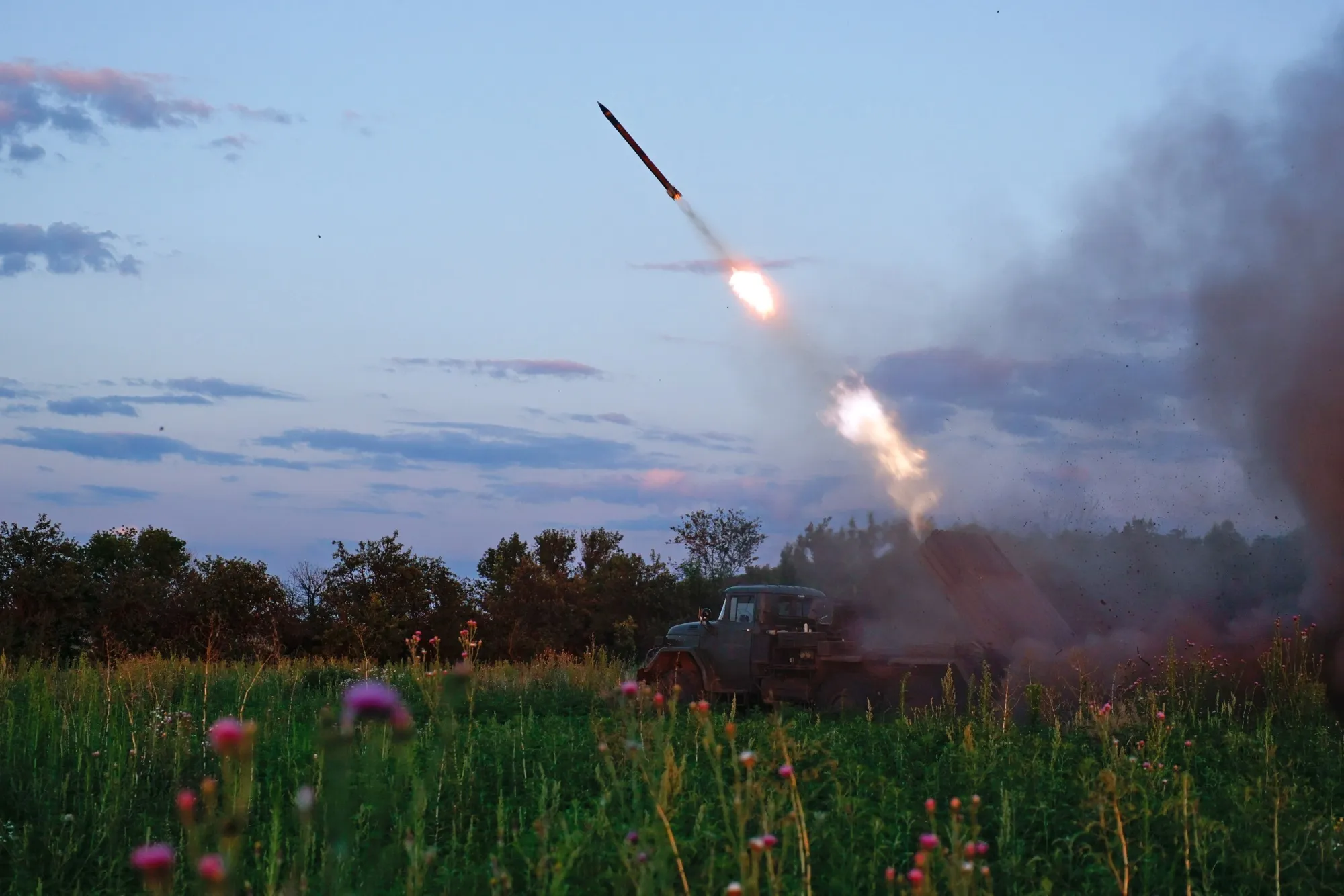 Ukrainian artillerymen launch a missile attack on Russian military positions in Donetsk Oblast, Ukraine.