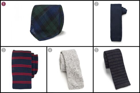 (1) Blackwatch tartan handrolled woven grenadine tie, Drake’s, $178, drakes.com; (2) Solid knit tie, J.Hilburn, $89, jhilburn.com; (3) Woven tie, Dibi, $48, dibities.com; (4) Wool & silk knit tie, Eidos, $175, saks.com; (5) Striped wool knit tie, Paul Smith, $125, saks.com.