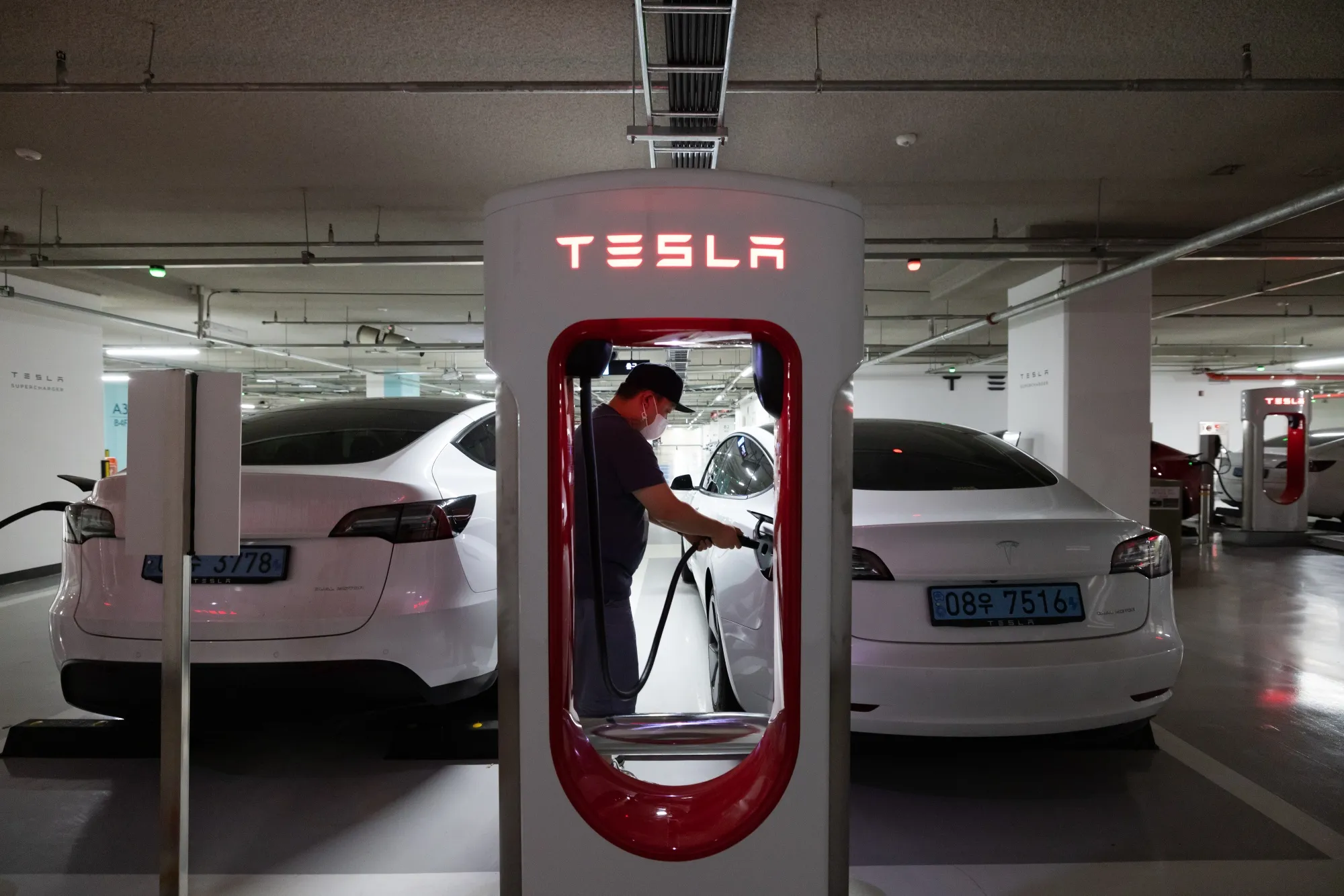 ATesla Supercharger station.
