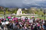 Demonstrators gather at the Utah State Capitol to rally in support of abortion rights on May 3.