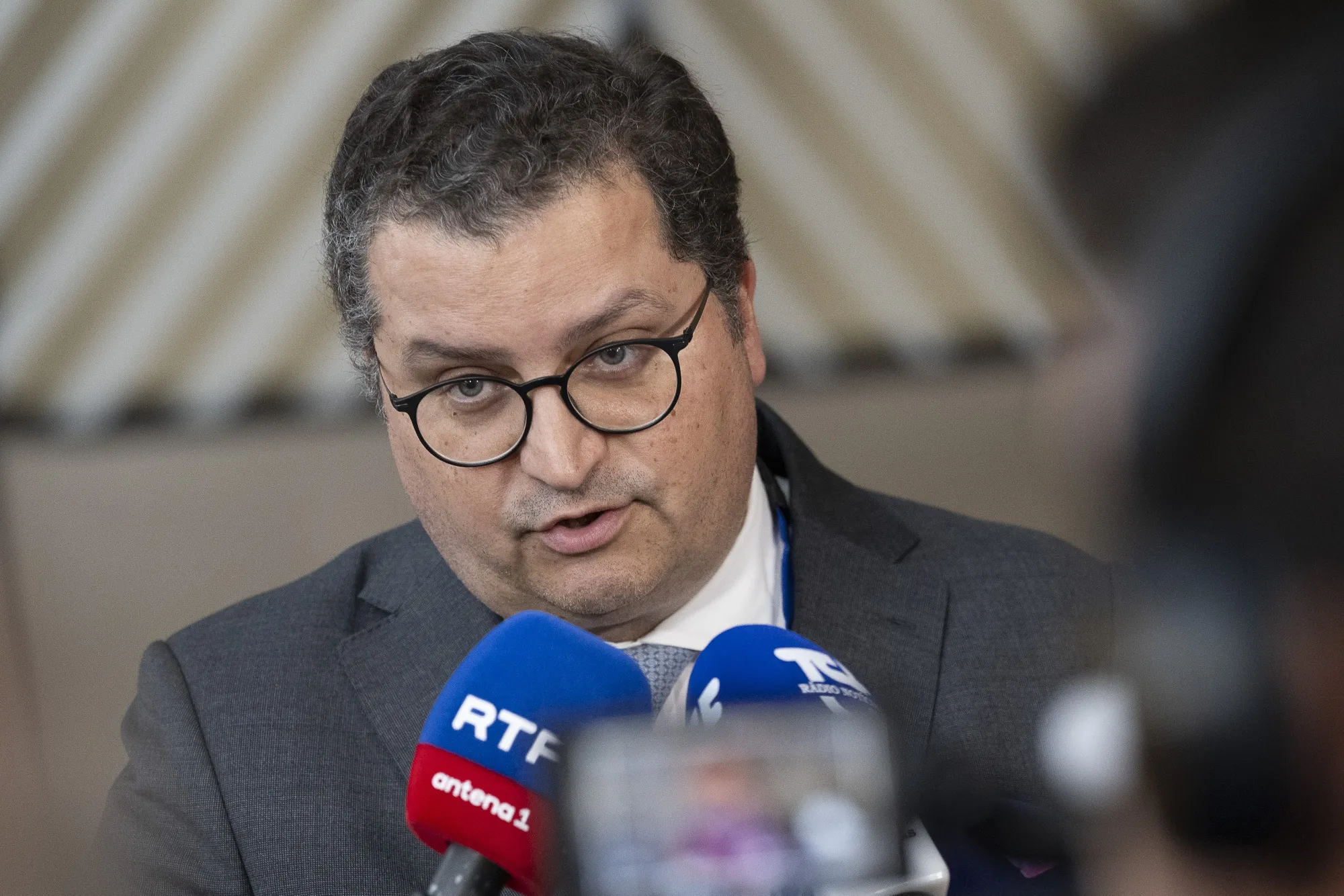 Portugal’s Finance Minister Joaquim Miranda Sarmento&nbsp;speaks to the media at a Eurogroup meeting in Brussels, Belgium, on&nbsp;May 4.
