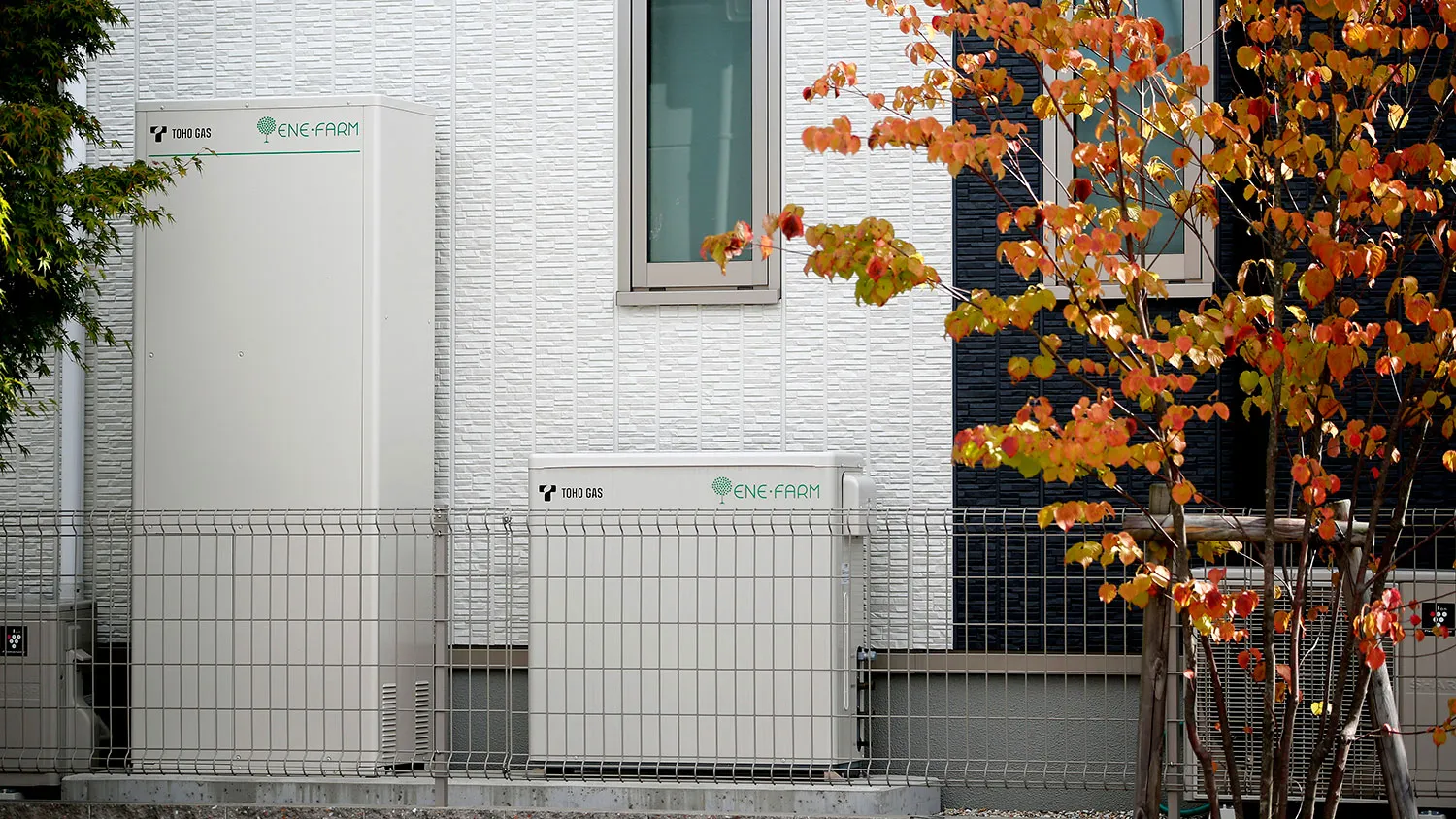 Toho Gas units for an “ene-farm” household fuel cell system sit outside a smart home developed by Toyota in Toyota City, Japan, on Oct. 17, 2014.
