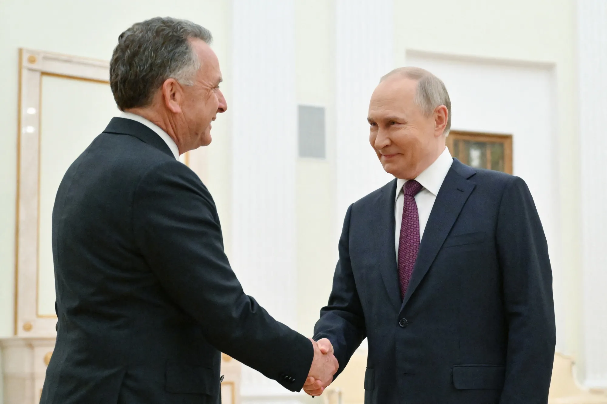 Steve Witkoff, left, and Vladimir Putin in Moscow, on April 25, in this photo supplied by Russian state media.