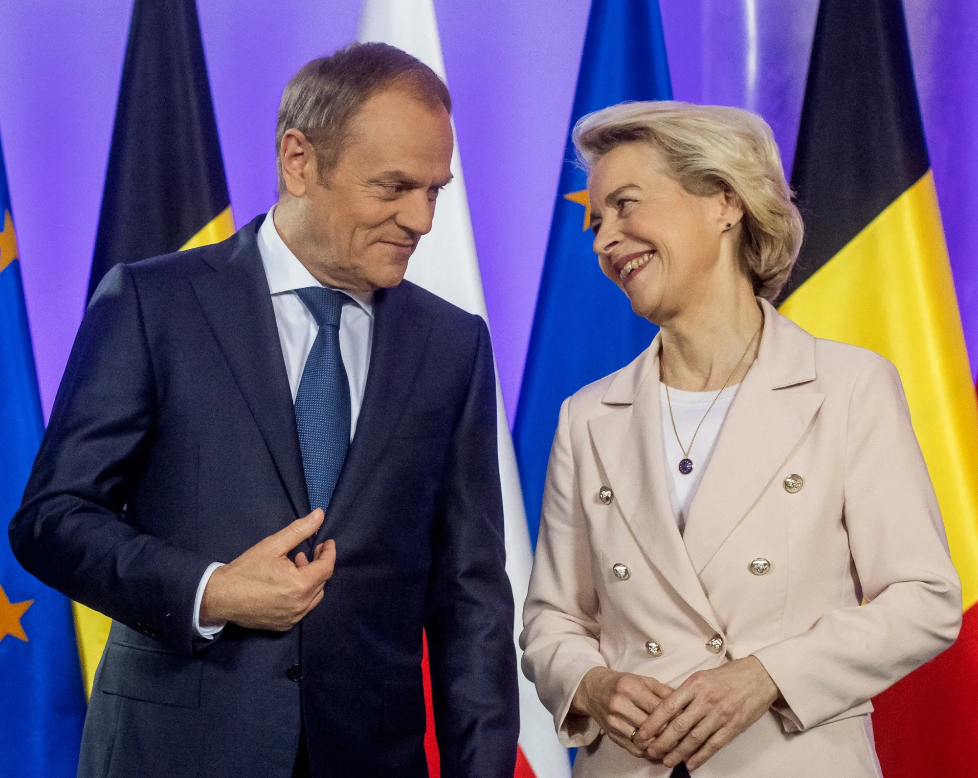 Donald Tusk, left and Ursula von der Leyen in Warsaw on Feb. 23.