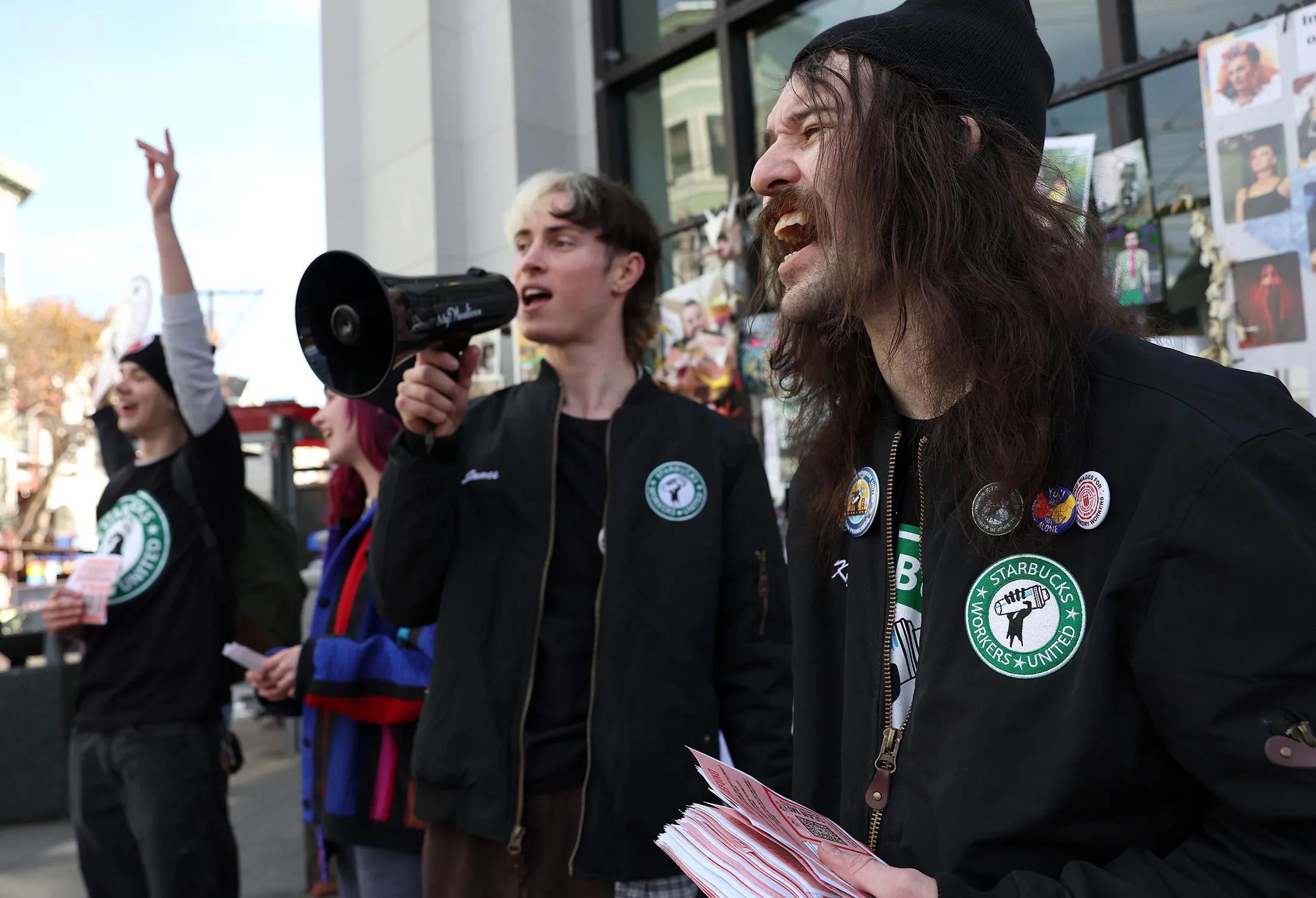 Striking Starbucks workers chant outside of a Starbucks&nbsp;in San Francisco, on Thursday.
