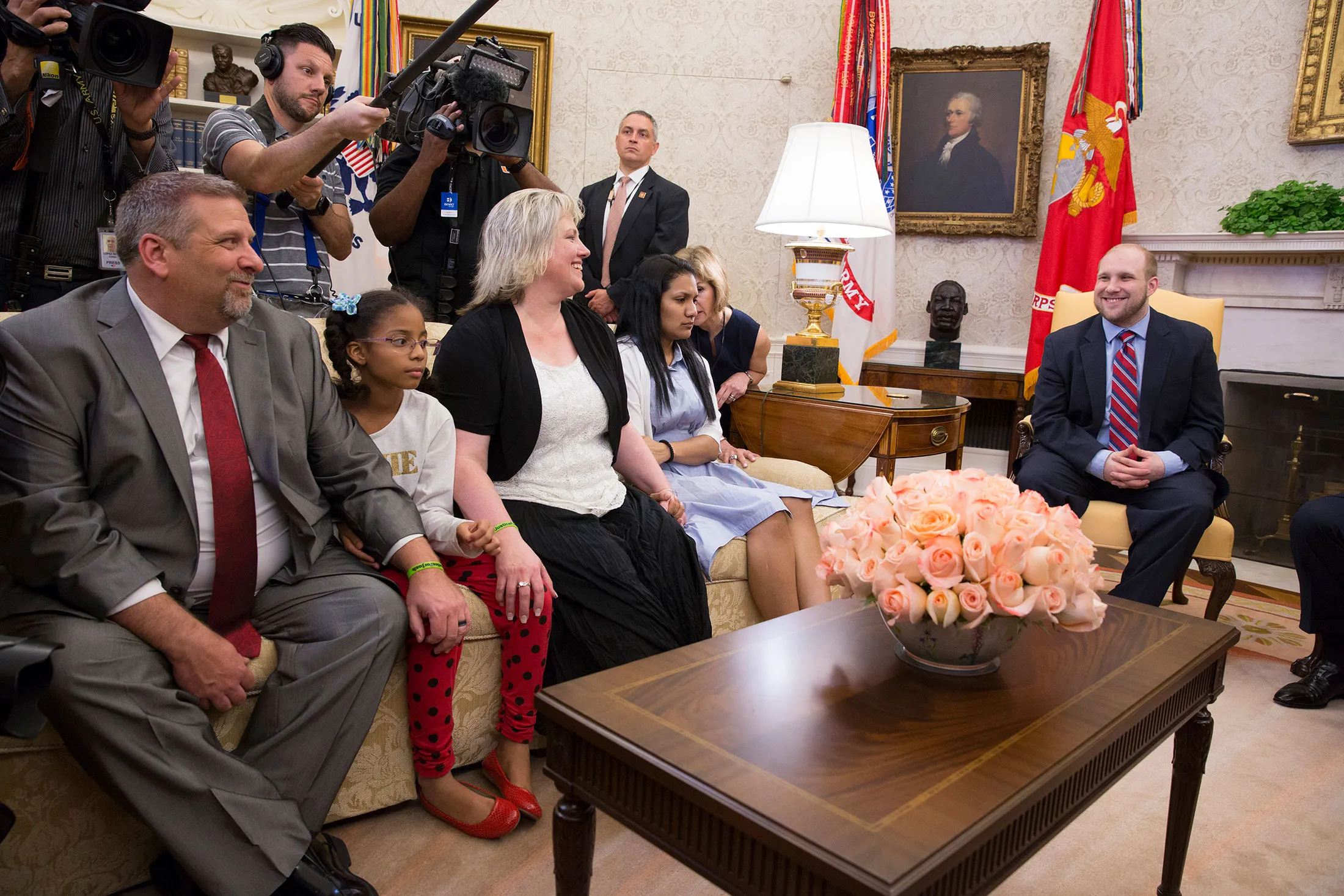 Joshua Holt, right, attends a meeting with U.S. President Donald Trump upon his return to the U.S. at The White House on May 26.